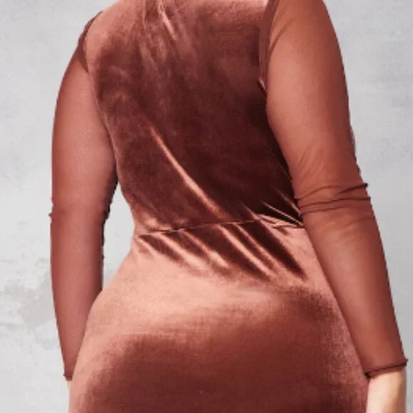 NWT Pretty Little thing Chocolate Velvet Long Sleeve mini dress plus size - Picture 5 of 11